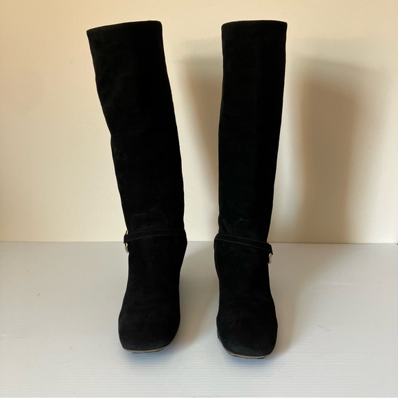 Prada Black Suede Mid Calf Gold Buckle Riding Boots size EU 40 US 9.5 - Picture 9 of 11